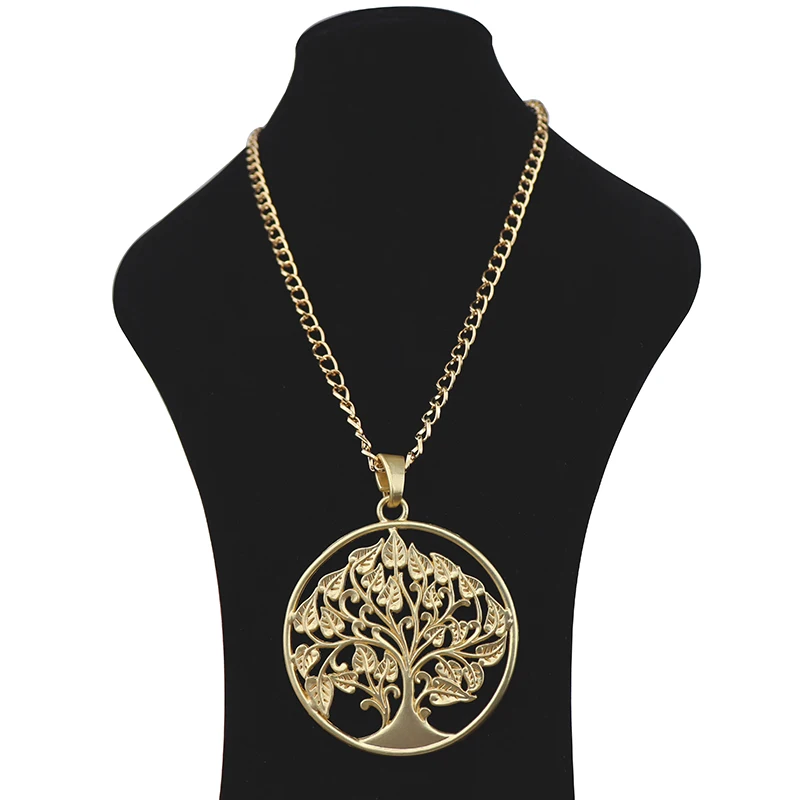 1 x Matt Gold Color Fashion Large Abstract Metal Round Hollow Tree Jewellery Pendant Necklaces on Long Link Chain Lagenlook 34