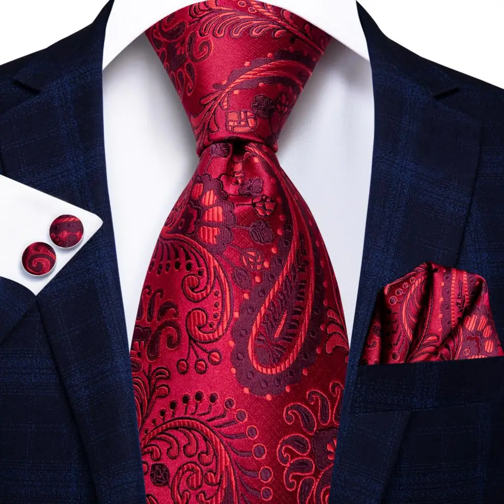 

Burgundy Paisley Flroal 2023 New Elegant Mens Tie Gentlemen Luxury Brand Necktie For Men Business Handky Cufflinks Hi-Tie Design