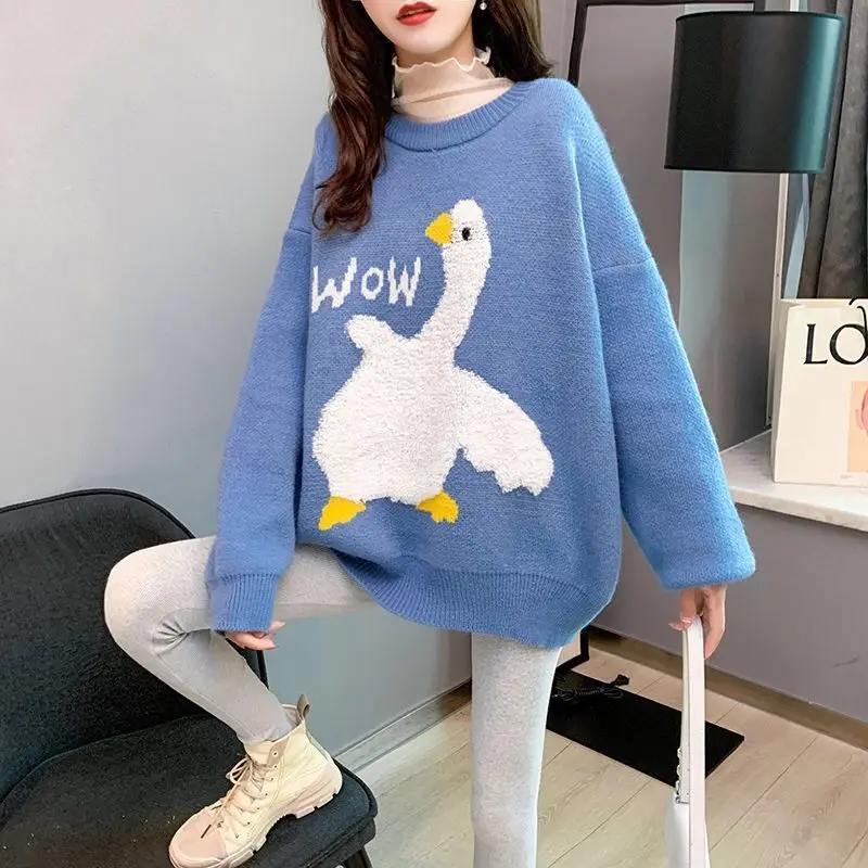 Blue Sweater Women Loose Korean Wear Lazy Pullover Autumn Winter 2021 New Popular Sweet Cute Wow Duck Cartoon Harajuku Thick