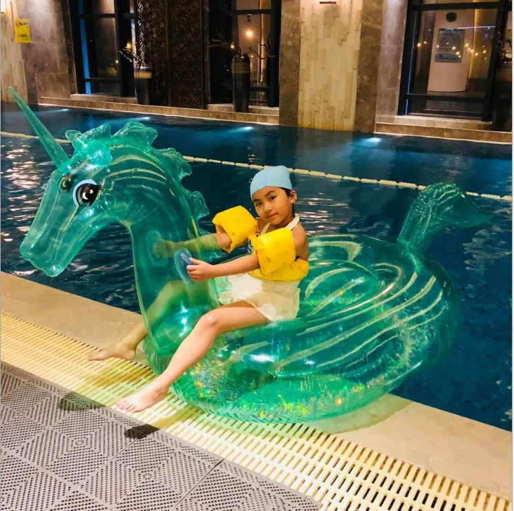 New Children Cartoon Crystal Unicorn Floating Inflatable Raft Transparent Pink Green Horse Overwater Adult Double Mount Aquatic