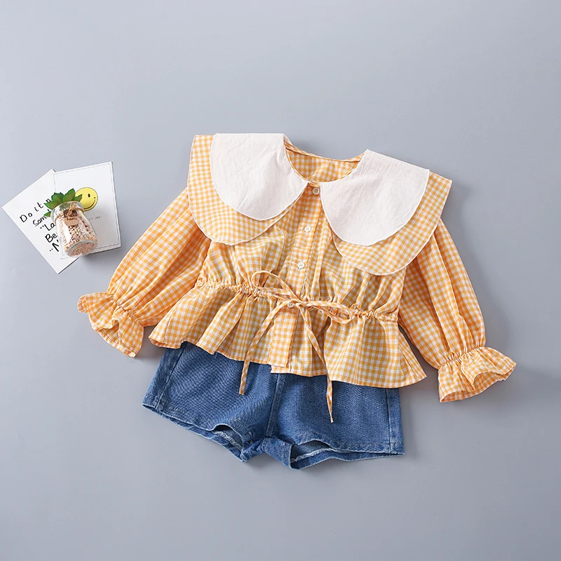 

2-7 Years High Quality Spring Girl Clothing Set 2021 New Fashion Casual Plaid Shirt + short Jeans Kid Children Girls Clothing