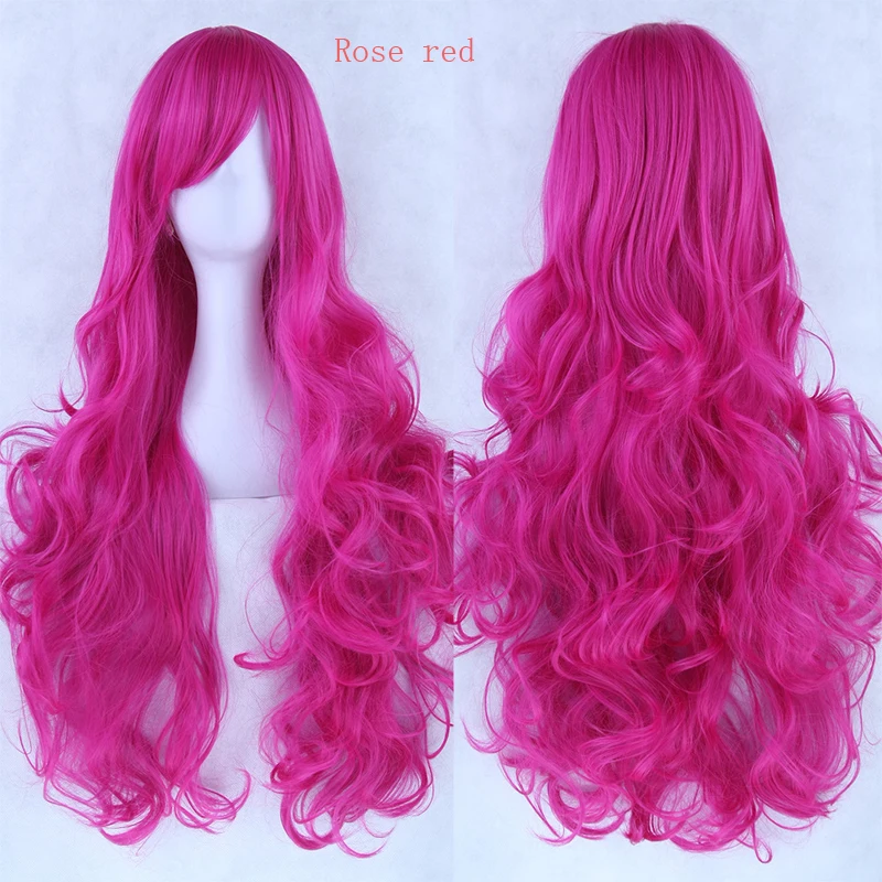 2022ผู้หญิงสีชมพูสีแดงสีฟ้าสีดำ80ซม.วิกผมยาวปุย Curly ผมเป็นลอน Wigs สำหรับสาวสังเคราะห์ความร้อนคอสเพลย์วิกปาร์ตี้