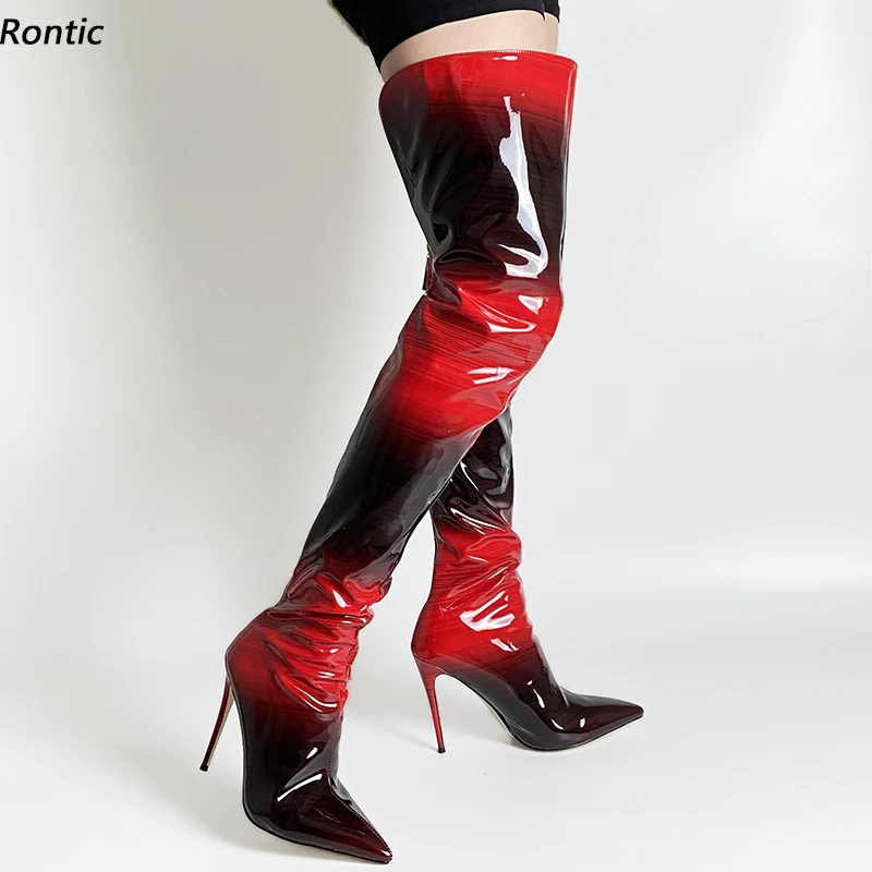 

Rontic New Women Winter Thigh Boots Gradient Patent Back Zipper Stiletto Heels Pointed Toe Pretty Red Party Shoes US Size 5-15