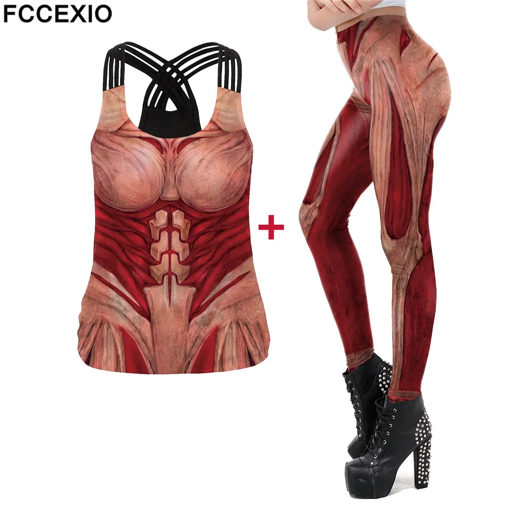 FCCEXIO New Party Leggins Women Seamless Fitness Leggings The Giant Muscle 3D Print Workout Fashion Trousers（Top+Pants）