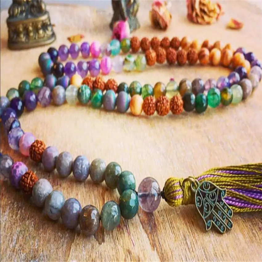 

8mm Color 7 Chakra Gemstone Rudraksha Mala Necklace Tassel natural Sutra yoga Fancy Hot Meditation Wristband Handmade Unisex