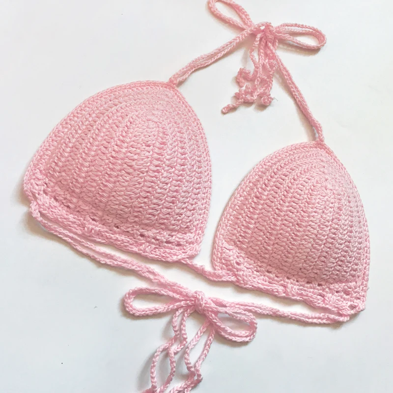 Pink Bikini Top 2024 Summer Sexy Swimwear Women Handmade Knitted Swimsuit Crochet Padded Bra Push Up Ladies Beachwear Swim Suit