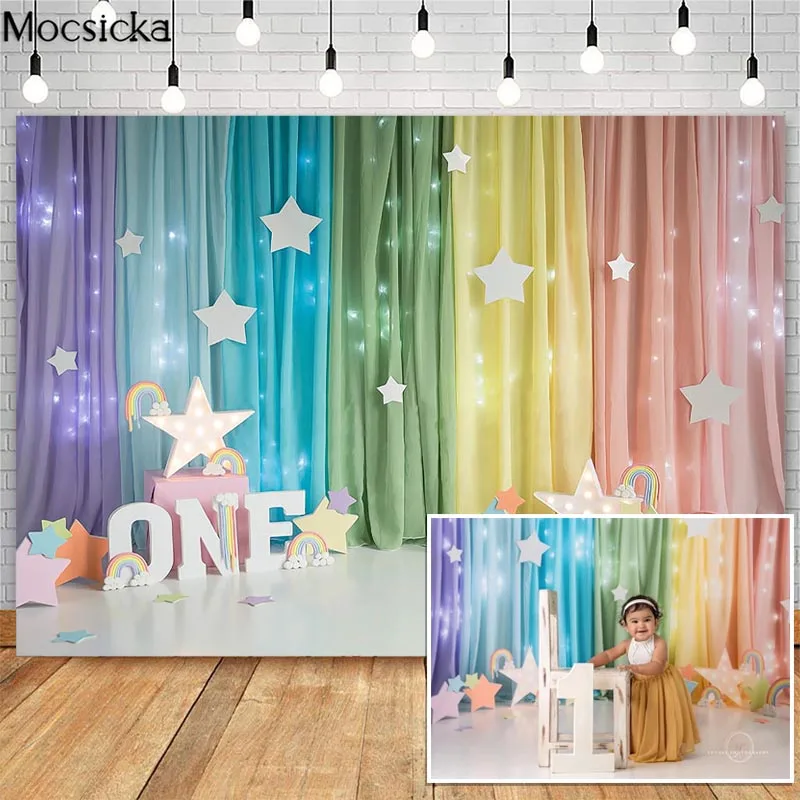 Mocsicka Rainbow Backdrop for Cake Smash Children 1st Birthday Photographic Studio Photo Background Birthday Decorations Prop