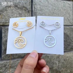 SMJEL Stainless Steel Wave Necklace Pendant Sea Surfer Jewelry for Women Ocean Wave Charm Choker Necklaces Earring Set Wholesale