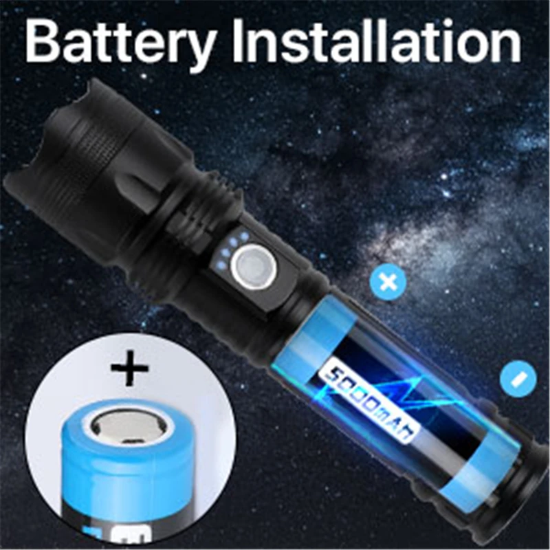 P50 Super bright LED Flashlight 18650 26650 Recharge Battery 5 lighting modes Led Torch for Night Riding Camping Hiking Hunting