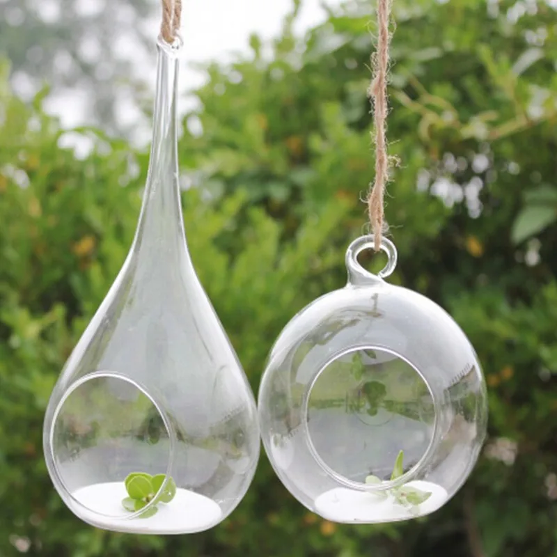 F 6pcs/set Diameter=8cm Glass Terrarium Vase Set Water Drop Hanging Landscape Bottle Home Decoration Wedding Prop Round Glass