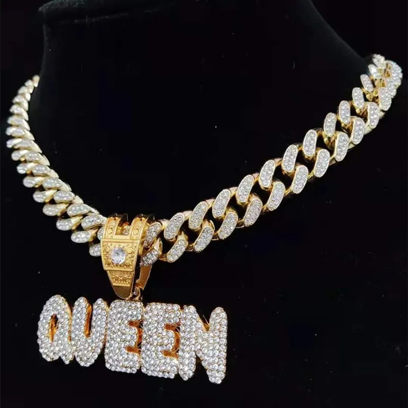 Men Women Hip Hop KING QUEEN Letter Pendant Necklace Miami Cuban Chain Iced Out Bling HipHop Necklaces Fashion Jewelry