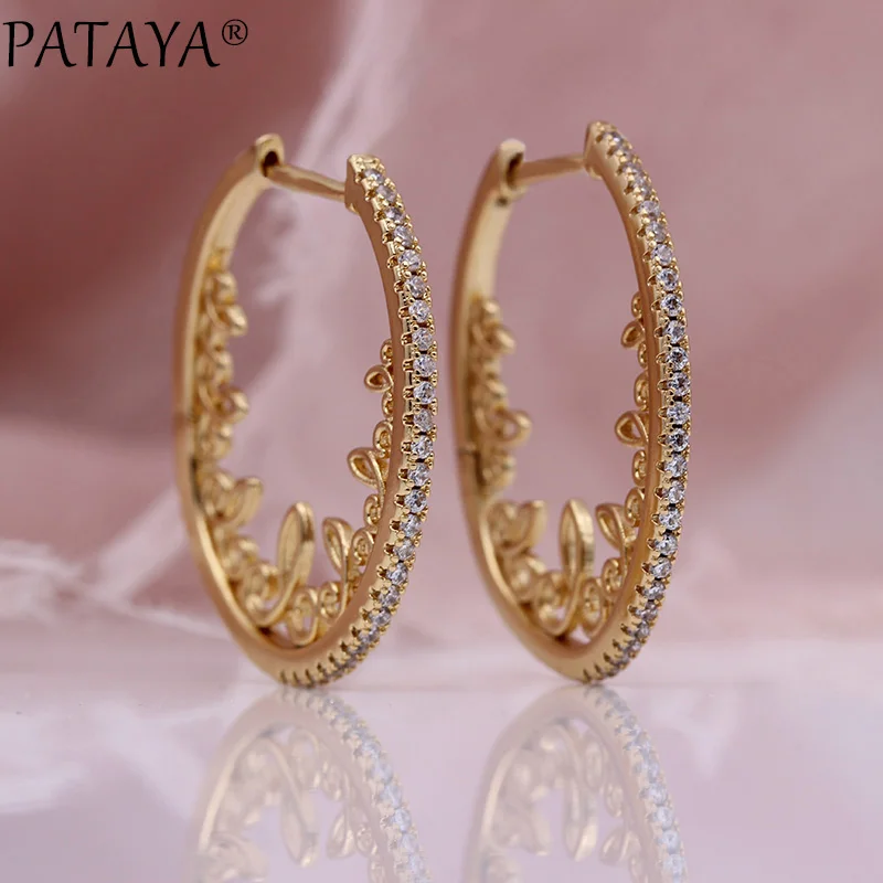 PATAYA New Hollow Lace Circle Drop Earrings 585 Rose Gold Color Women Fine Wedding Earrings White Natural Zircon Fashion Jewelry