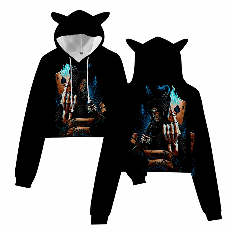 

Cat Ears Costume Fashion Print Skull Flame Poker 3d Hoodies Pullover Women Hoodie Tops Long Sleeve Kawaii Girl Hooded Sweatshirt