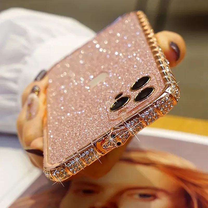 

blingbling glitter Diamond Shining Metal Bumper Case+sticker Cover For iPhone 11 12 Pro Max mini XS XR 6 7 8 Plus