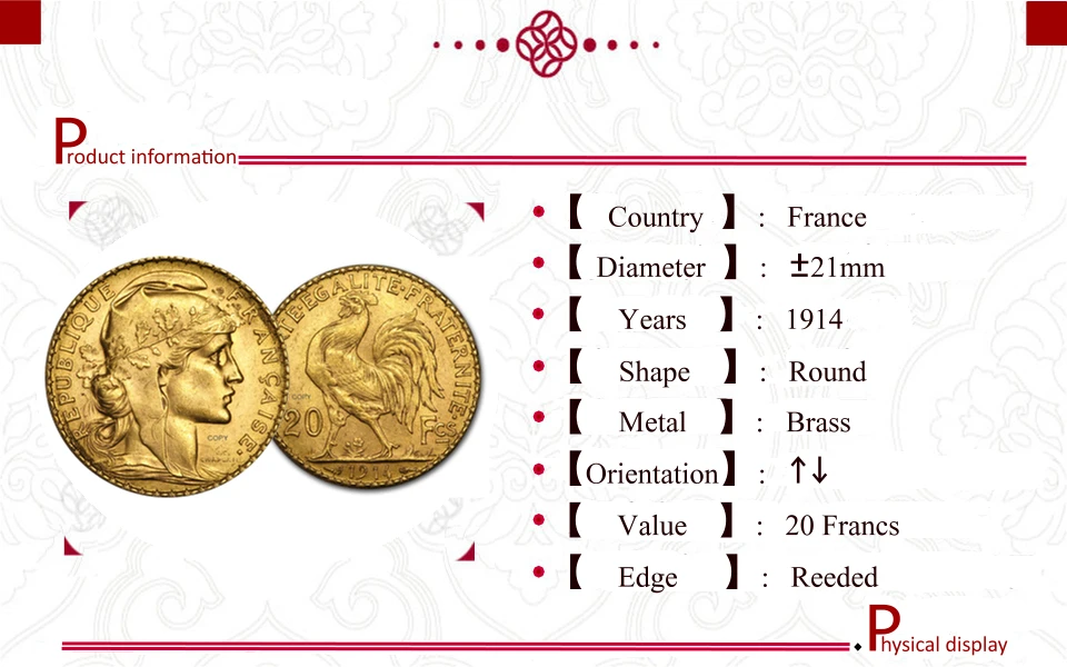 France 20 Francs 1914 Gold Marianne Rooster Brass Metal Copy Coin Collection Commemorative Coins Ww2 Moneda Collectible Coins