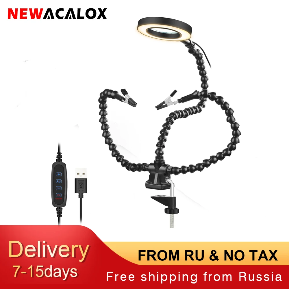 NEWACALOX Tabletop Clamp Base Helping Hands Soldering Third Hand Tool with 3X LED Illuminated Magnifying Glass PCB Board Holder