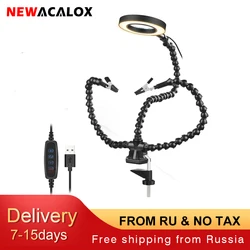 NEWACALOX Tabletop Clamp Base Helping Hands Soldering Third Hand Tool with 3X LED Illuminated Magnifying Glass PCB Board Holder