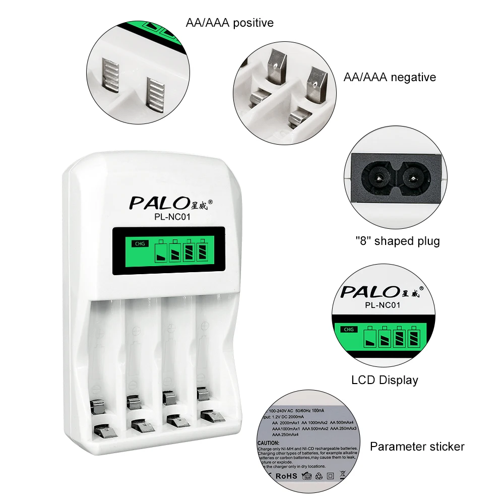 PALO AAA Battery Charger LCD Display Intelligent Charger For 1.2V Ni-Mh Ni-Cd AA AAA  Rechargeable Batteries