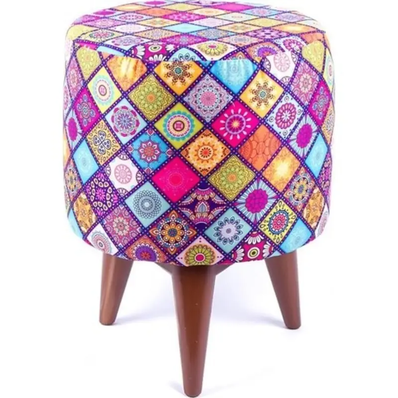 Dnc Digital Printed Motif Decorated Round Puff Colorful Stylish Durable Cute Design MDF Material Wood Looking Plastic Foot