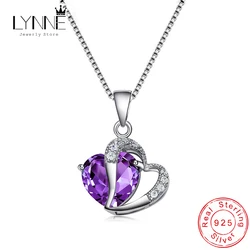 Hot Sale Fashion 925 Sterling Silver Double Heart Pendants Necklace Purple AAA Cubic Zirconia Drop Necklaces Women Jewelry Gift