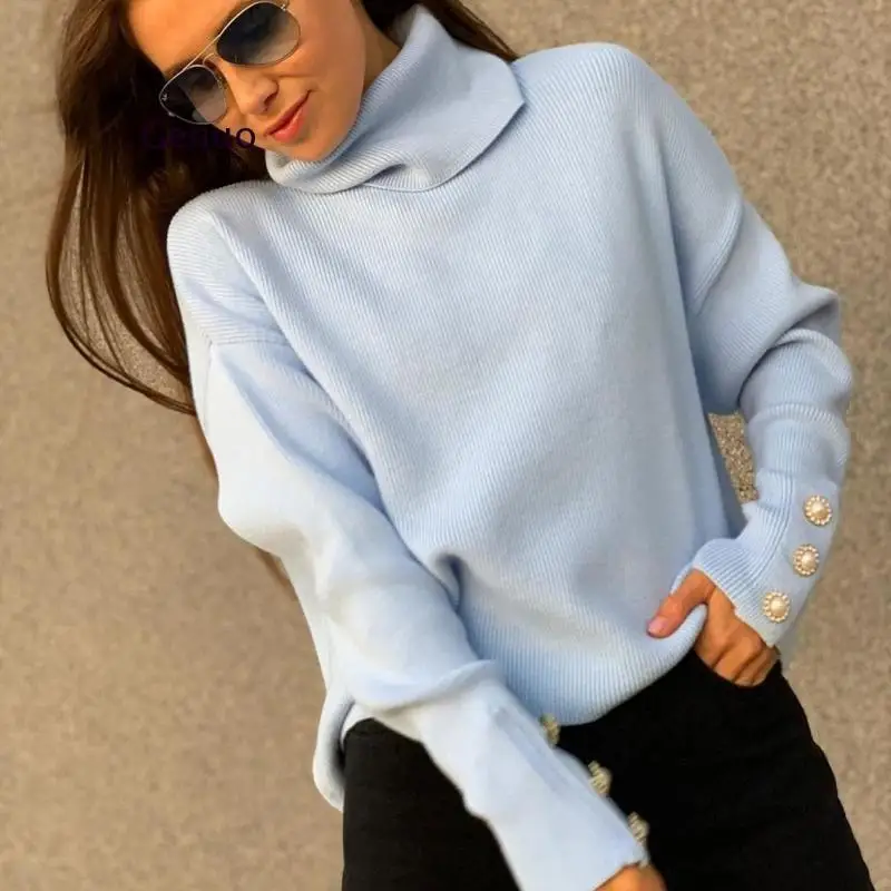 Women Casual Long-Sleeved Knitted Solid Fashion Pullover Spring and Autumn White Loose Button Tops Ladies All-Match Sweater