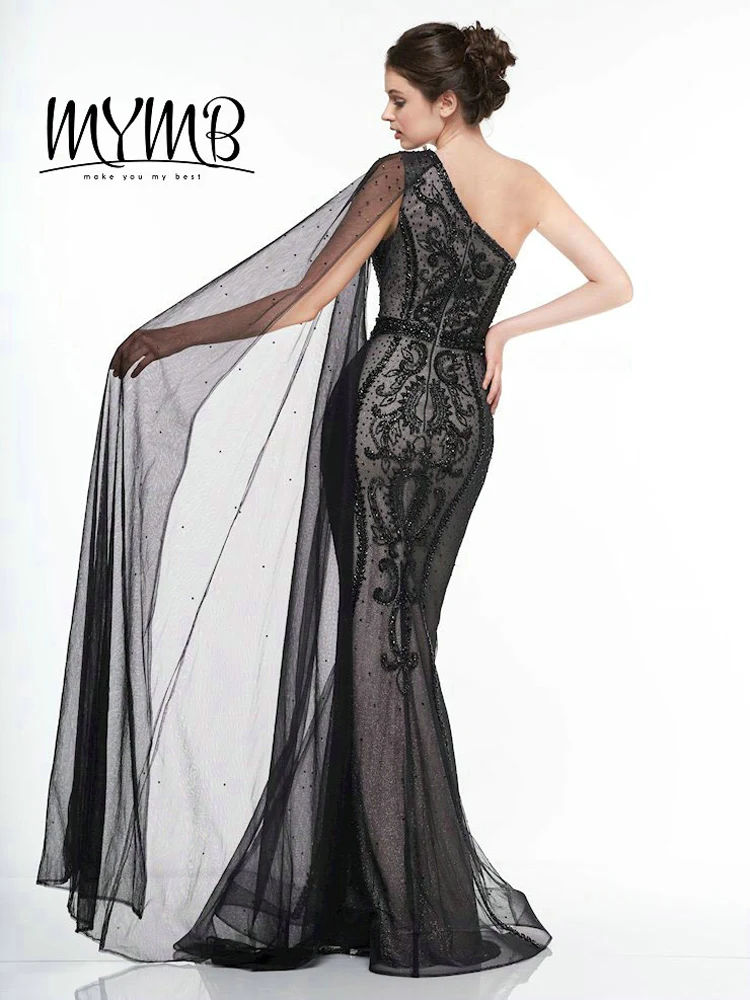 Glamous One Shoulder Sheer Beading Tulle Long Black Evening Gown MYMB Couture Fitted And Flare Party Dress MY21114