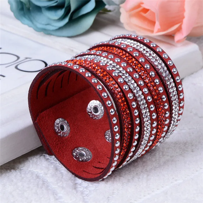 Handmade Leather Bracelets for Women Full rivet Crystal Round Wide Men Women Bracelet New arrvial Gift Jewelry