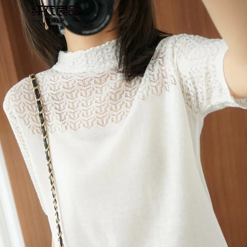 Summer Women Knitted Short Sleeve 2023 Thin Sweater Female Hollow Out Lace Turtleneck Pullover Ladies Biue Cotton Purple Jumpers