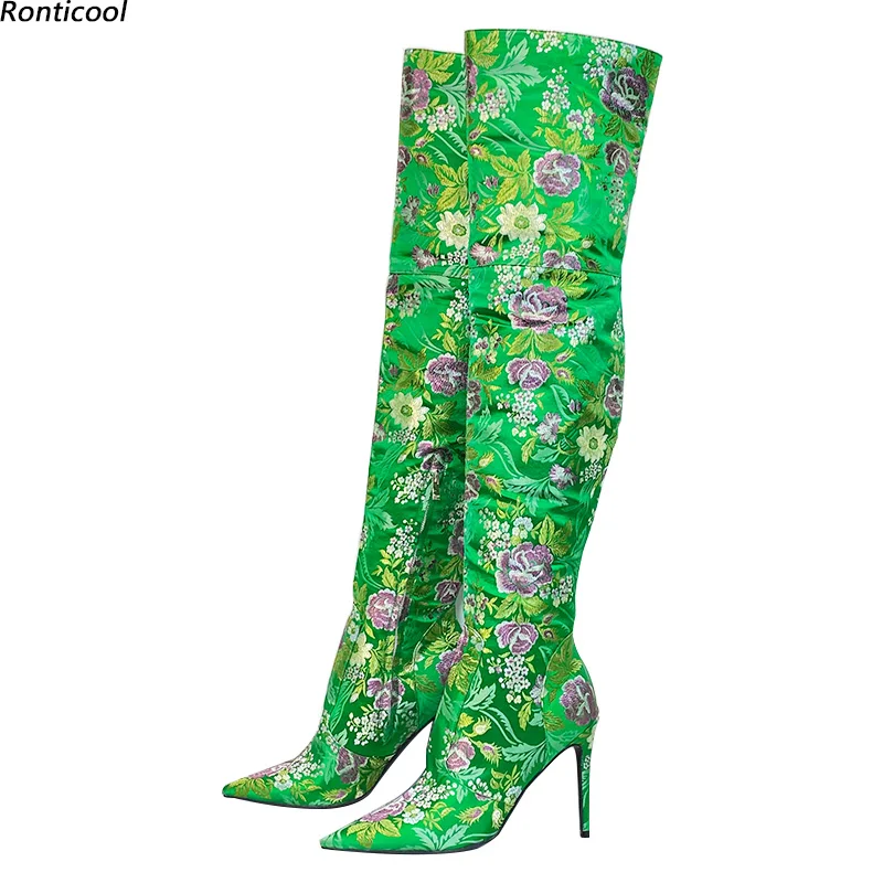 

Ronticool Women Winter Thigh High Boots Printed Floral Thin High Heels Pointed Toe Gorgeous Green Gold Shoes Women Us Size 5-15