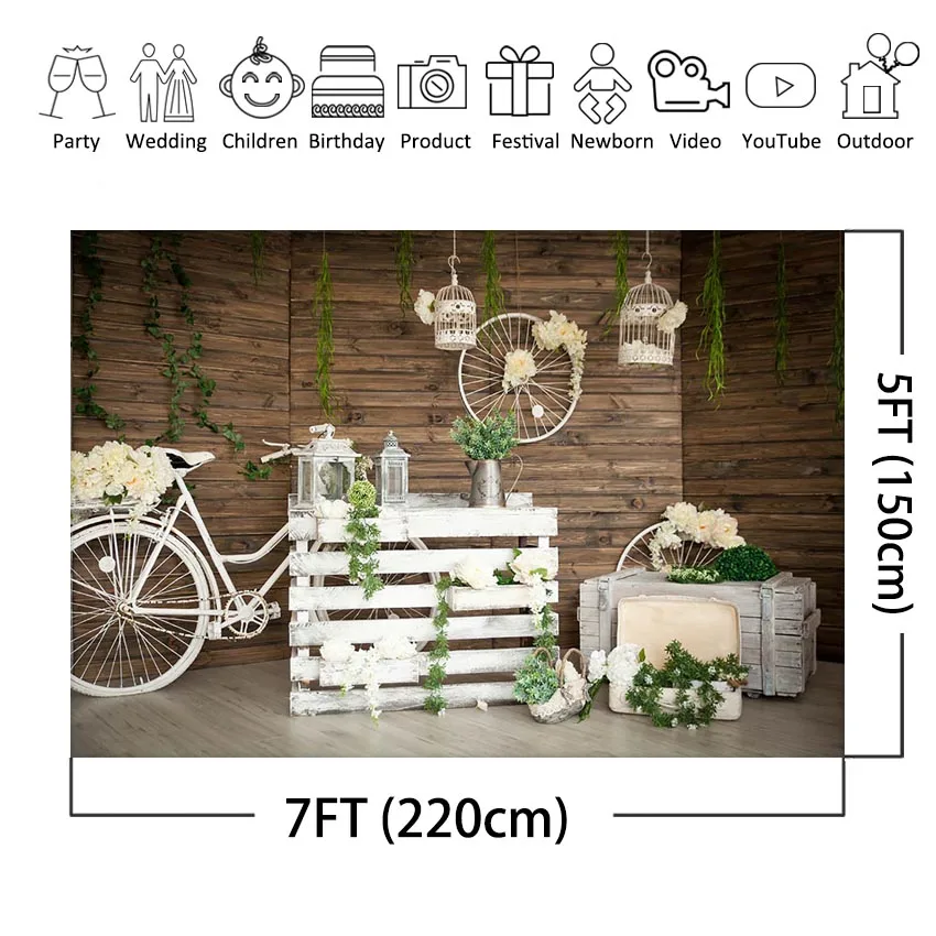 Wedding Photography Backdrop Rustic Wooden Wall Flowers Mariage Background White Bicycle Spring Backdrops Photo Studio