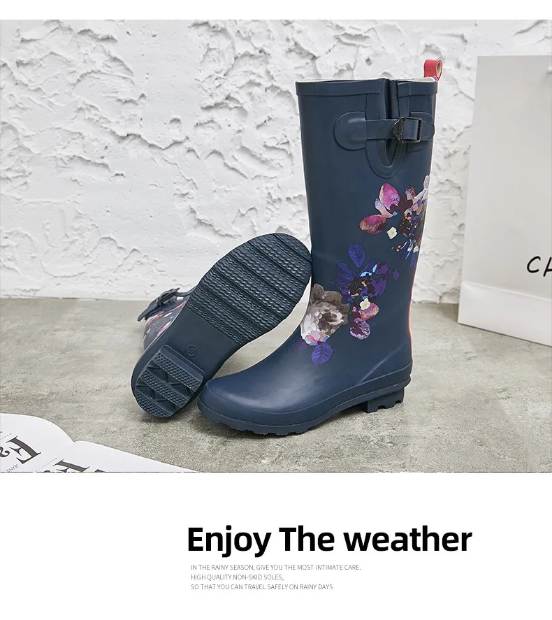 Beautiful Lady Female Rain Boots Fashion Delicated Rubber High Tube Mid-calf Rian Shoes With Beauty Pattern