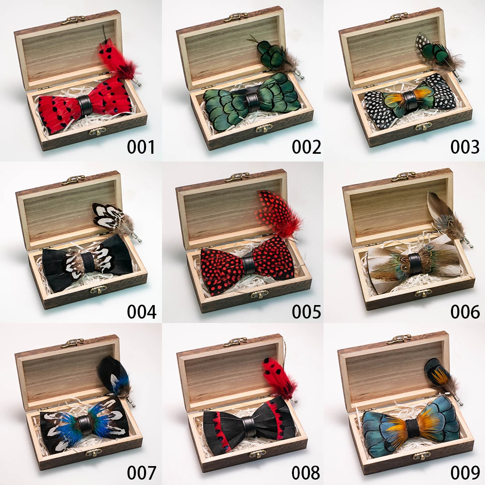 EASTEPIC Handmade Feather Bow Tie Brooch Wooden Box Set Men's Exquisite Accessories for Wedding Party Birthday Gift Necktie