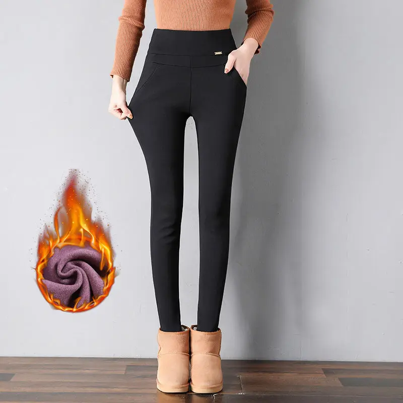 

Warm Fleeces Women Pencil High Waist Female Casual Trousers Plus Size Ladies Winter Thick Lady Pants Black Leggings