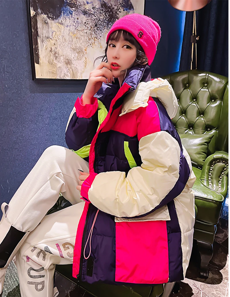 Korean Harajuku Style Winter Down Coat Women Fashion Hit Color Female Parkas 2024 Oversize Womens 90% White Duck Down Jacket