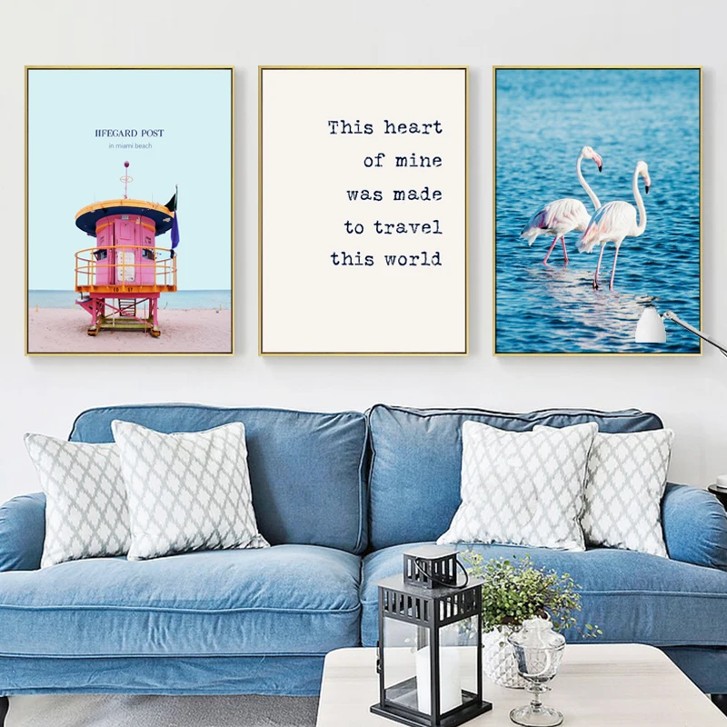 Beach Towel Flamingo Leaf House Wall Art Posters and Prints Nordic Canvas Painting Decoration Wall Picture for Living Room