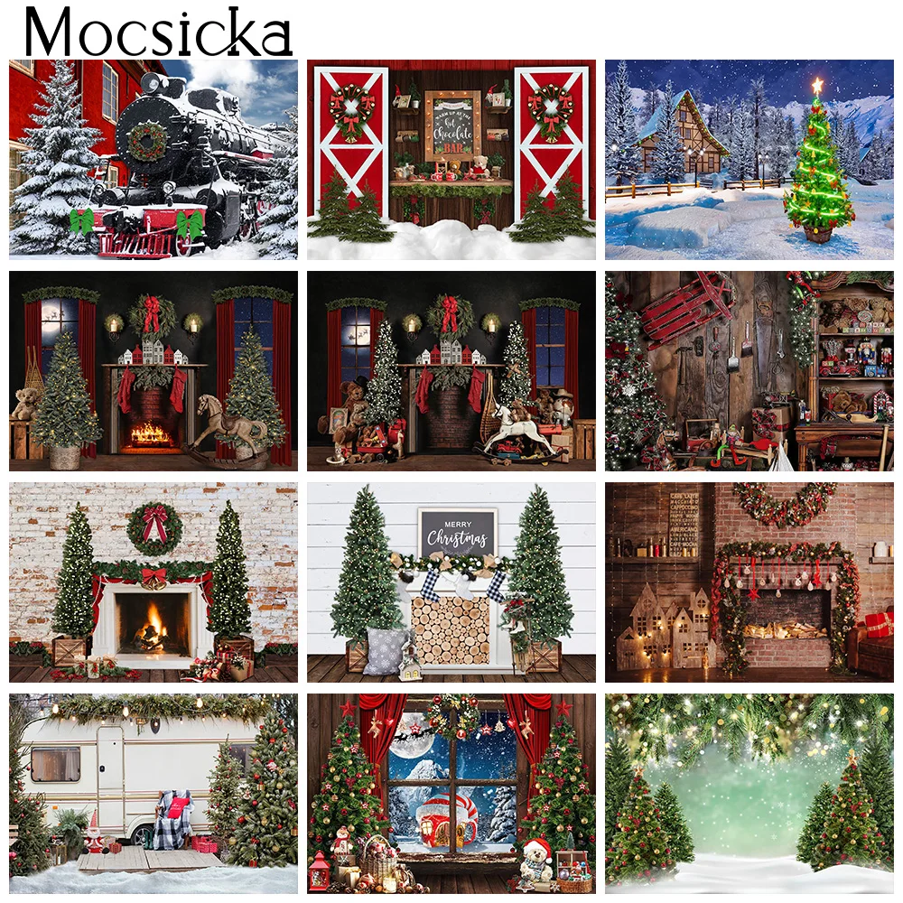 Winter Christmas Photography Backdrop Fireplace Birthday Cake Smash Portrait Background Snow Socks Pine Forest Studio Photoshoot