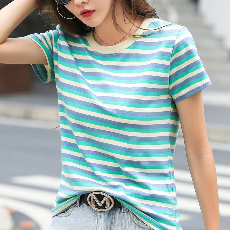 2023 Summer Blue Pink Orange Striped Cotton T-Shirts Women O-Neck Patchwork Tshirts Female Short Sleeve Office Lady Loose Tops