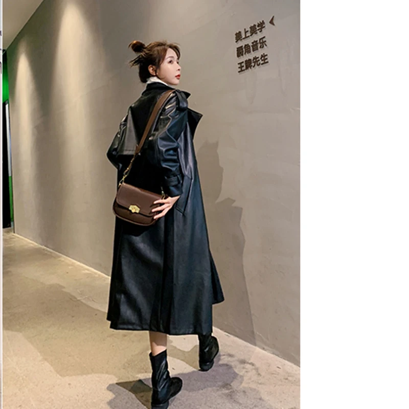 New Long Leather Trench Coat For Women Autumn 2024 Long Sleeve Lapel Loose Fit Stylish Black Female Clothing Streetwear Outerwea