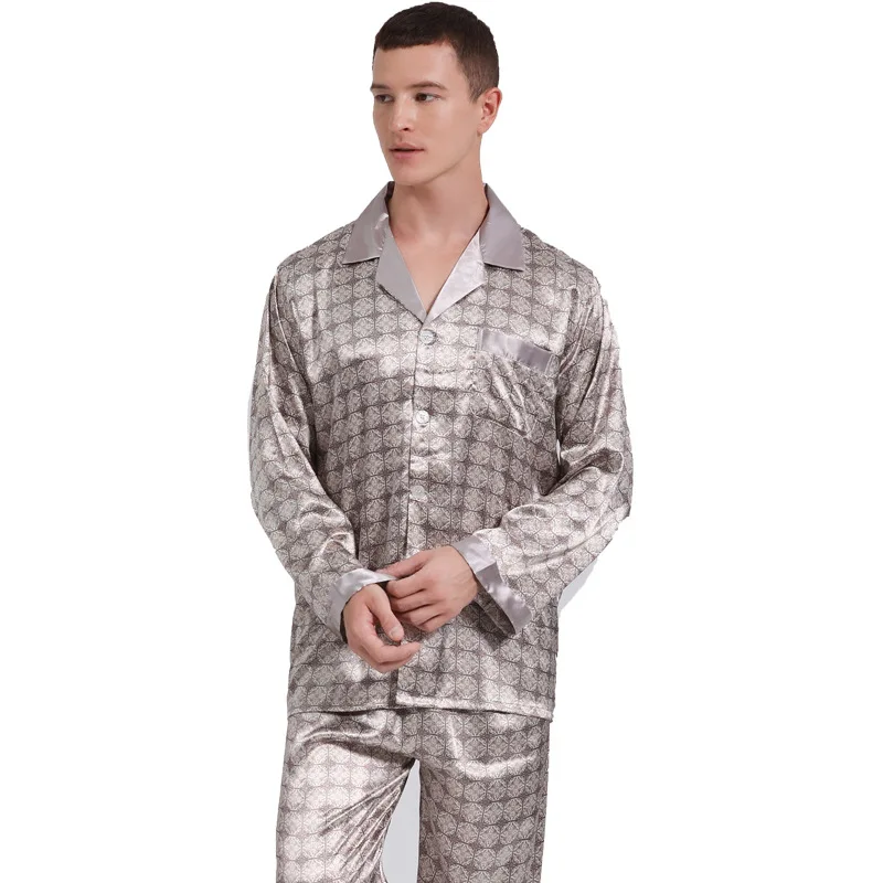 Print Men Sleep Set Casual Long Sleeve Spring Autumn New 2PCS Pajamas Suit Satin Home Clothing Intimate Lingerie With Pocket