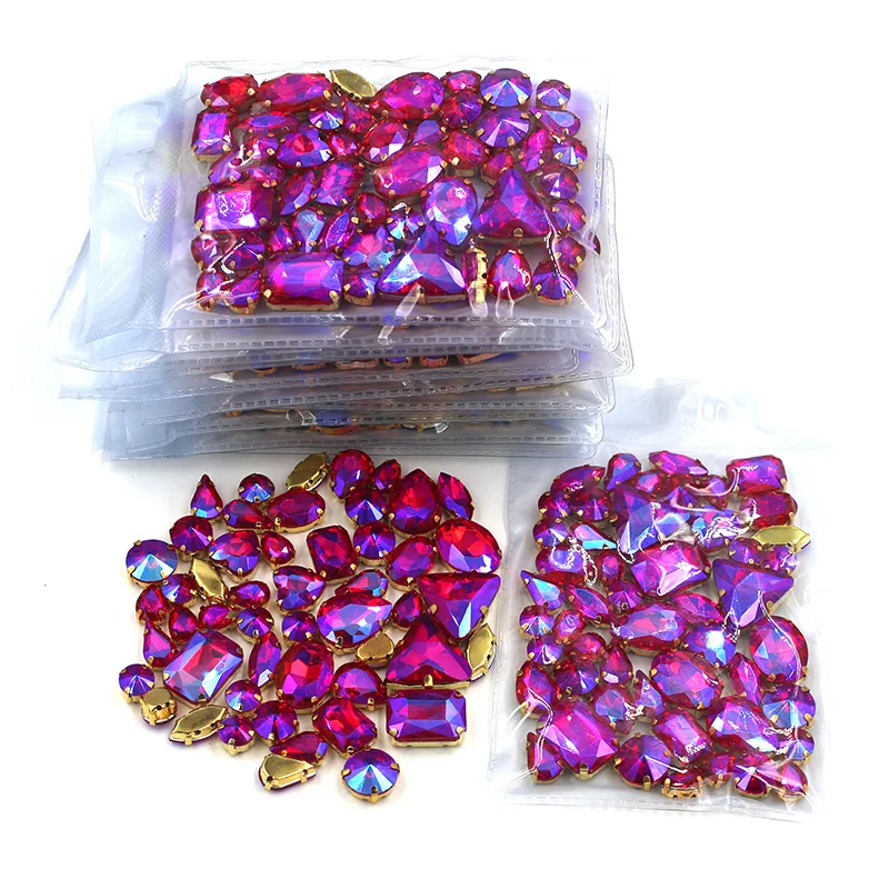 New arrival Wholesale 5 bags mixed shape sew on glass crystal Red AB  rhinestones gold base for clothing/dress