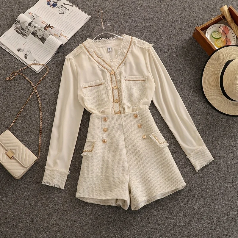 Chic Autumn Winter Tweed Shorts Two Piece Set Women Tassel V Neck Pocket Patchwork Chiffon Shirt + High Waist Button Shorts Suit