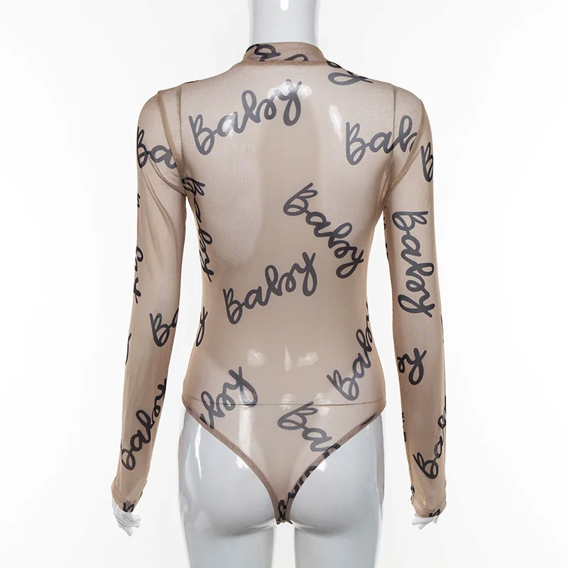 2024 Summer Sexy Letter Print Transparent Mesh Bodysuits Long Sleeve See Through Baby Bodycon Rompers Women Jumpsuits