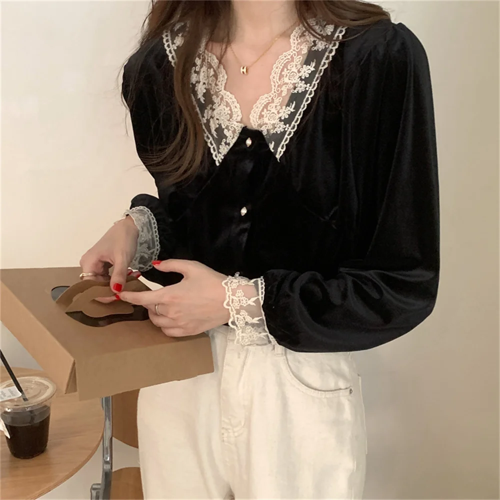 Alien Kitty Soft Velvet Lace Women Shirts New Full Sleeve Retro 2021 Elegant Casual Office Lady Streetwear Patchwork Gentle Tops