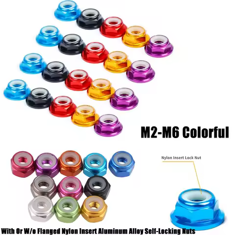 10PCS M2 - M6 Aluminum Alloy Flange/Nylon Anti-loose Nut Insert Lock Nut Blue Red Orange Purple Green Golden Silver Gray Black