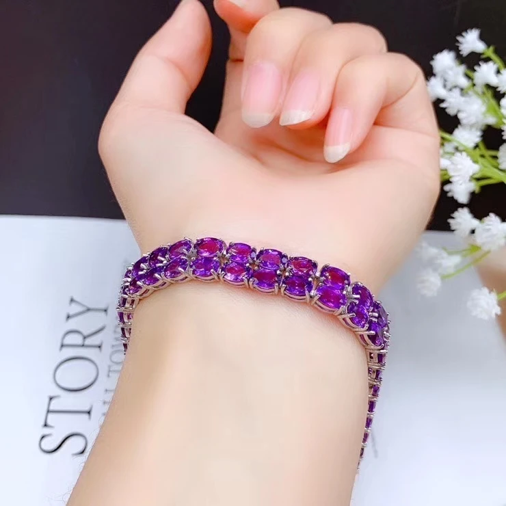 CoLife Jewelry Doulbe Rows Silver Bracelet 50 Pieces Natural Ametheyst Bracelet 925 Silver Amethyst Jewelry for Daily Wear