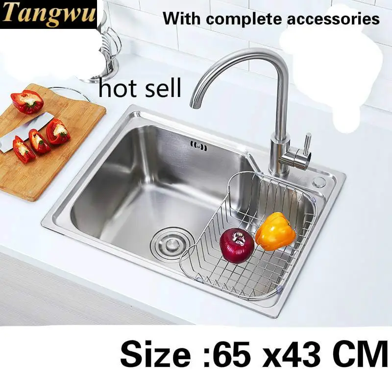 

Free shipping Food grade 304 stainless steel kitchen sink 0.7 mm ordinary single slot washing bowl hot sell 65x43 CM