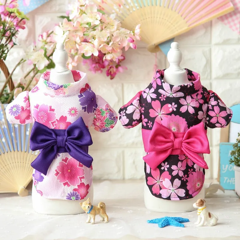 Japanese Pet Kimono Poodle Cat Cherry Blossom Bathrobe Sakura Kimono Dress Puppy Kitty Flower Skirt Pet Spring Summer Clothes