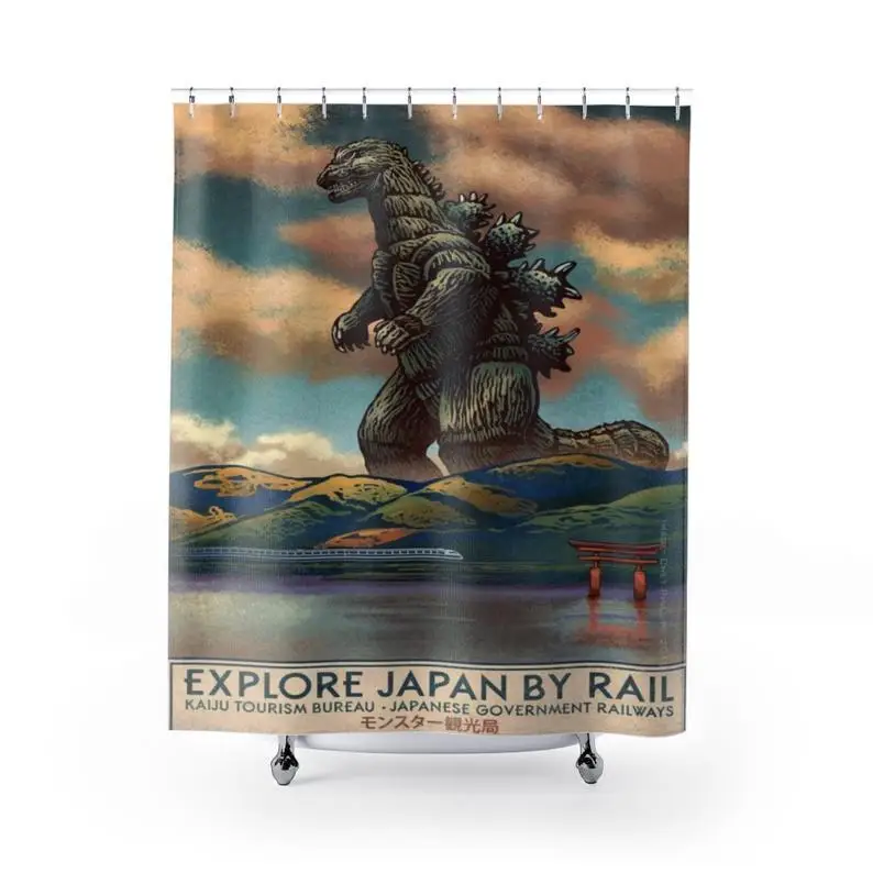 Japanese Bathroom Decor Funny Gojira Shower Curtain