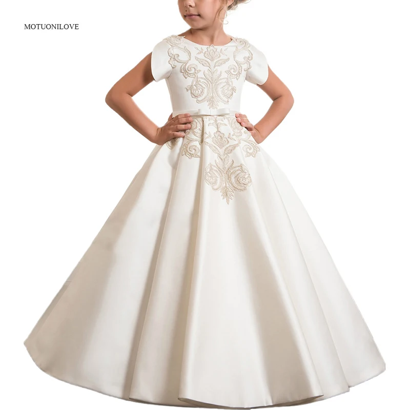 Embroidery Short Sleeves Satin Infant Toddler Long Pageant Gowns Flower Girl Dresses for Weddings Party First Communion Dresses