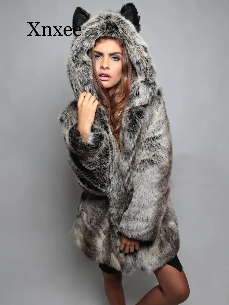 Zwart Faux Fur Konijn Kraag Dames Hooded Oren Cartoon Pluche Jas Vrouwen Winter Leuke Kawaii Jas Lange Teddybeer jas Bont